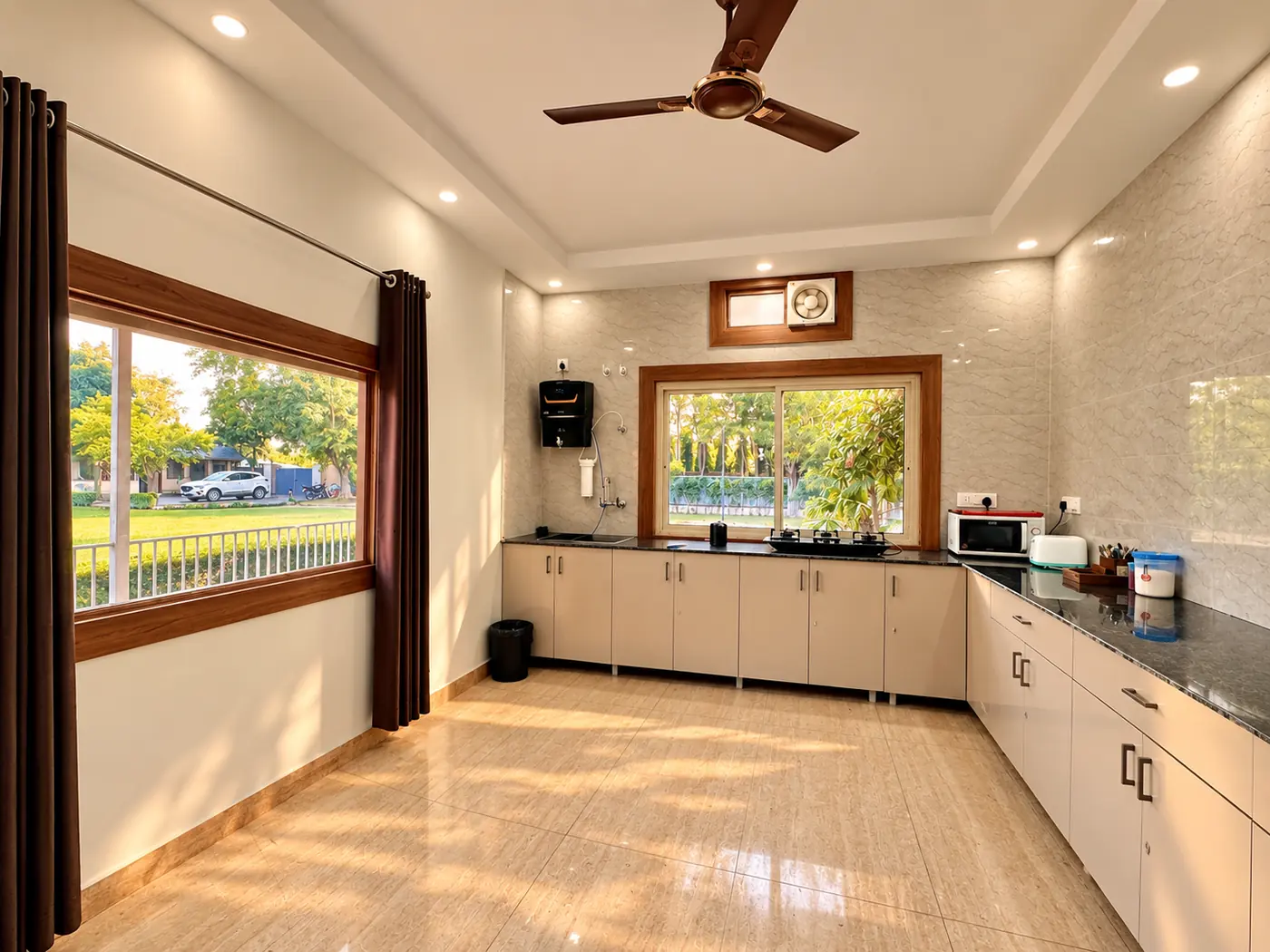 Full kitchen with granite counters at Mulberry Farm farmhouse, Noida