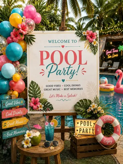 Pool party set-up beside the private pool at Mulberry Farm, Noida