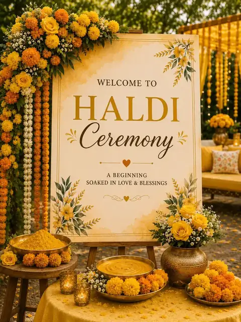 Haldi ceremony set-up with marigolds at Mulberry Farm, Noida