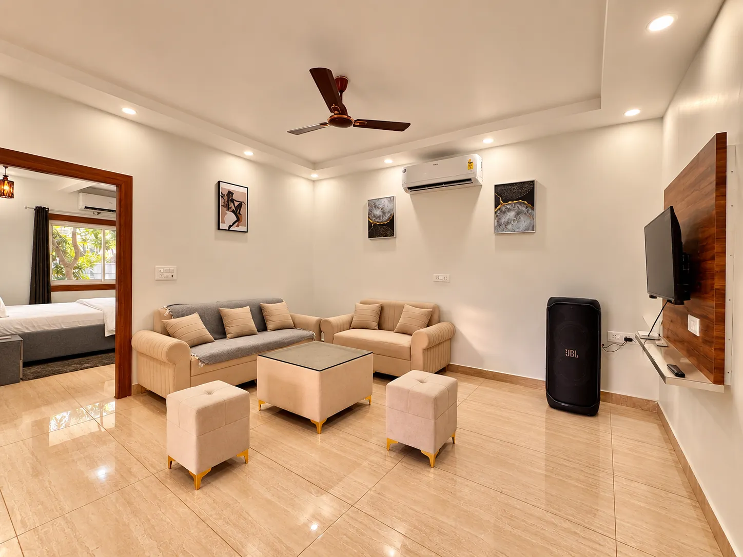The open-plan living room and kitchen at Mulberry Farm